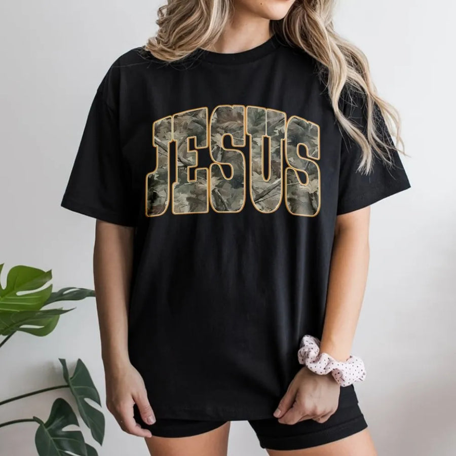 Jesus Camo T-Shirt | Woodland Forest Print Graphic Tee | Premium Soft Cotton | Faith-Based Religious Gift for Christians