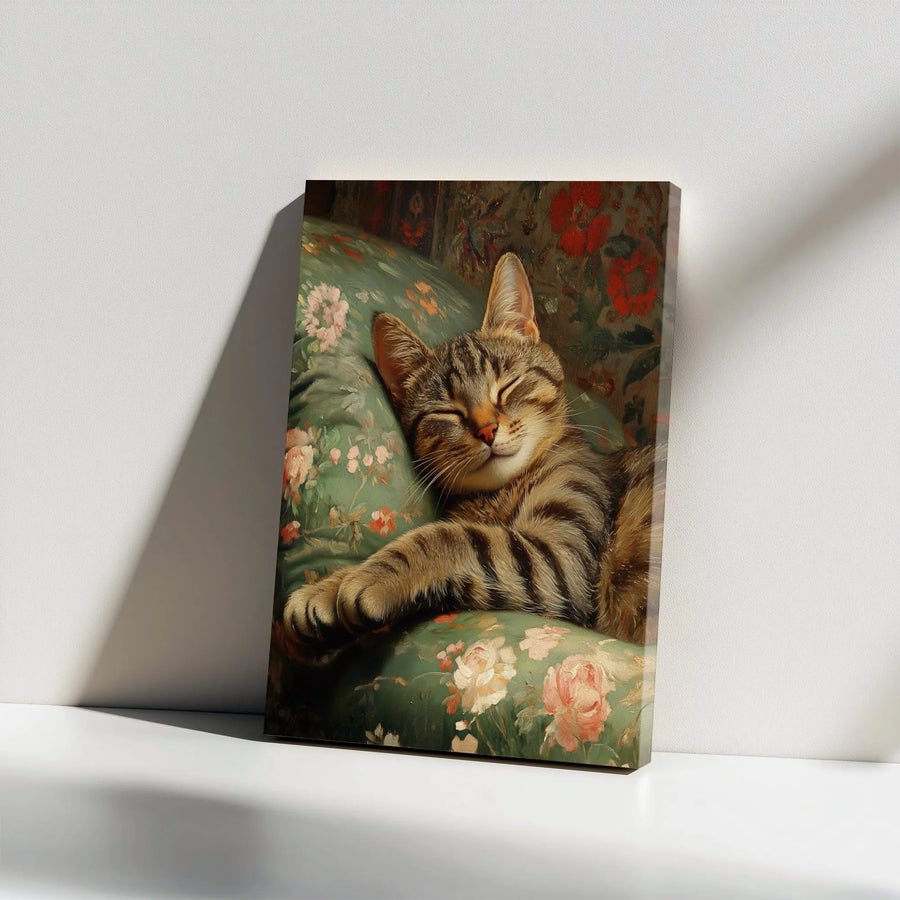 Vintage Cat Painting Canvas | Sleeping Tabby on Floral Pillow | Premium Frameless Wall Art | Collector's Gift for Cat Lovers, Cozy Home Decor