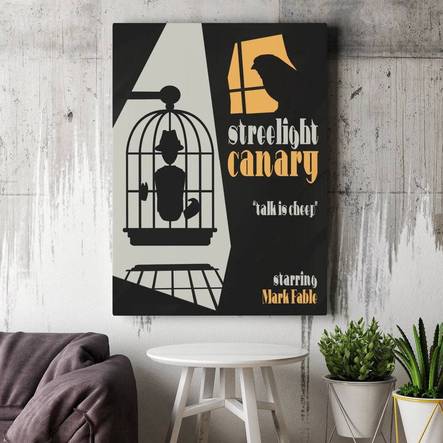 Streetlight Canary Retro Film Noir Vertical Canvas | Vintage Detective Movie Poster Art | Premium 1.25" Gallery Wrap | Cool Office Wall Decor & Cinephile Gift