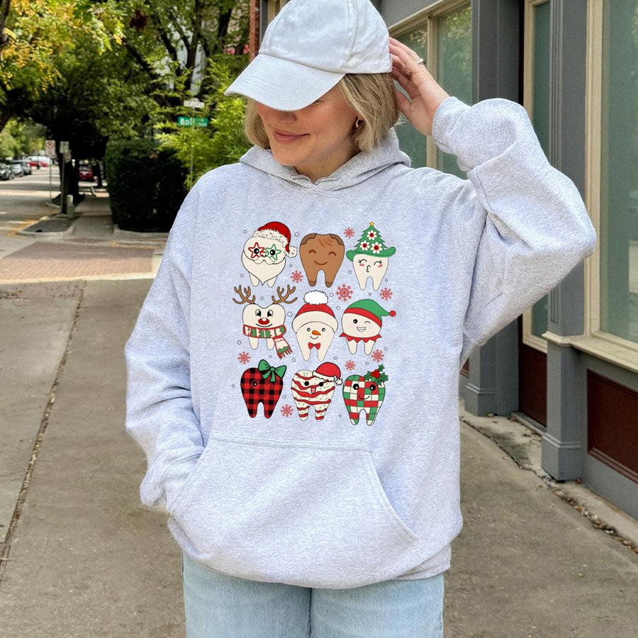 Christmas Dental Hoodie | Cute Holiday Tooth Graphic Design | Premium Cotton Blend | Funny Dentist Hygienist Gift For Dental Office Staff