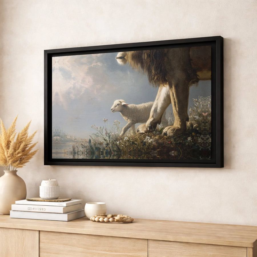 Lion and Lamb Wall Art | Biblical Oil Painting Print | Gallery-Quality 1.25” Canvas | Religious Home Decor & Christian Gift
