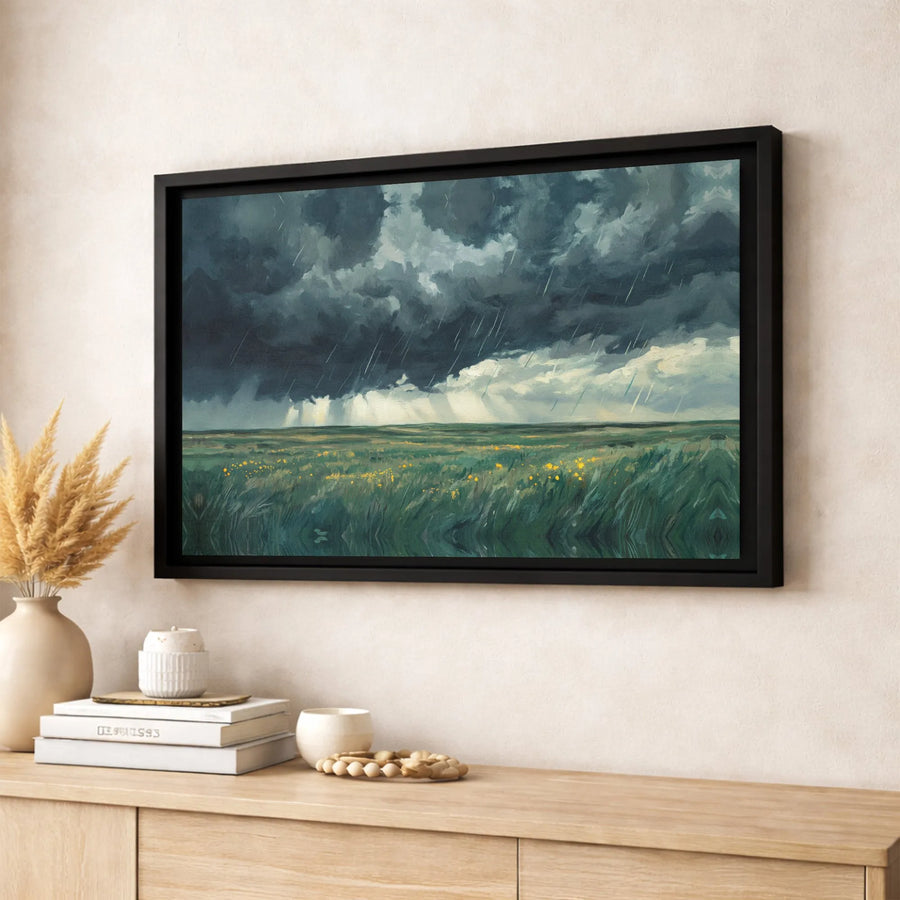 Stormy Landscape Canvas Wall Art | Dramatic Rain Clouds and Sun Rays | Premium Gallery Wrapped Decor | Modern Nature Print for Living Room