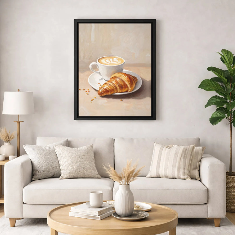 Coffee and Croissant Canvas Wall Art | Latte Art Breakfast Still Life Painting | Premium Gallery-Wrapped Print | Kitchen and Cafe Decor