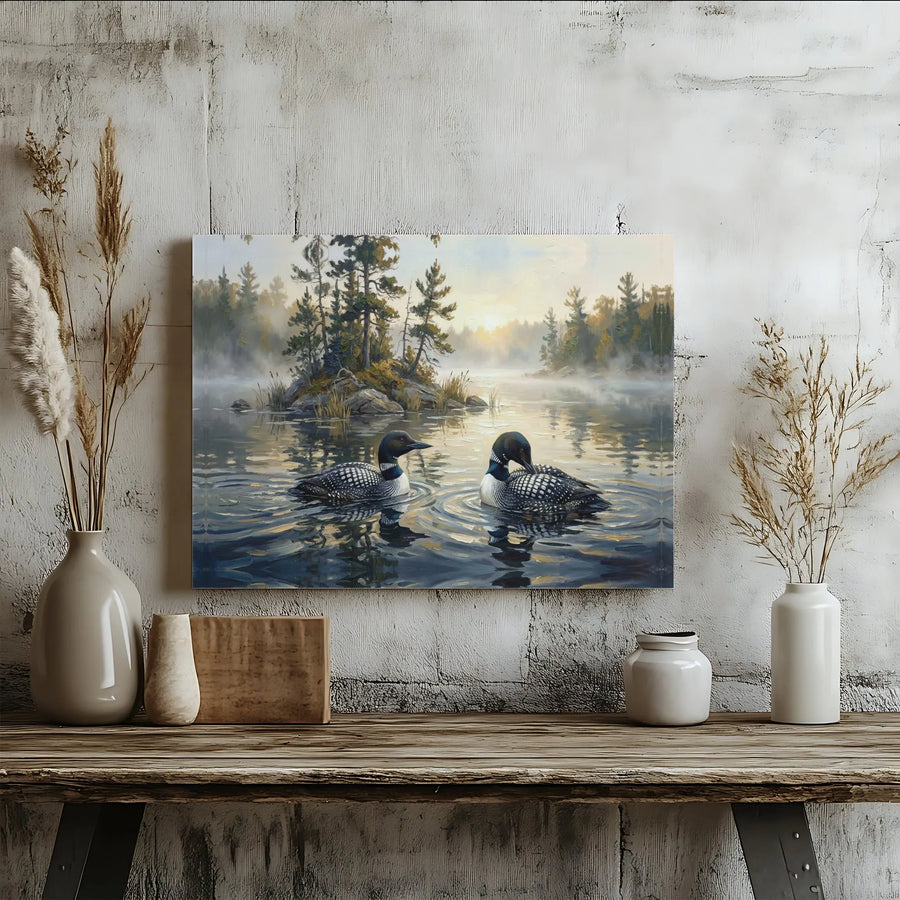 Loon Painting Canvas Wall Art | Vintage Wildlife Print of Loons on a Misty Lake | Premium Stretched Canvas | Rustic Cabin & Lodge Decor Gift