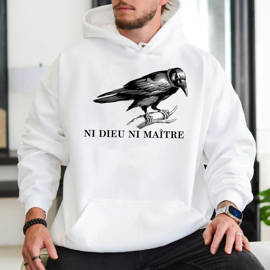 Ni Dieu Ni Maître Hoodie | Crow Illustration Design | Premium Cotton Blend | Unisex Anti-Authoritarian Statement Gift