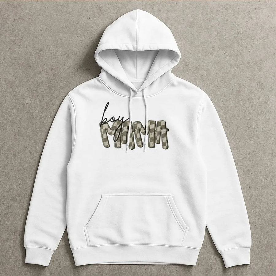 Boy Mama Hoodie | Retro Checkered Graphic Crewneck | Premium Cotton Blend | Mothers Day Gift for Mom of Boys