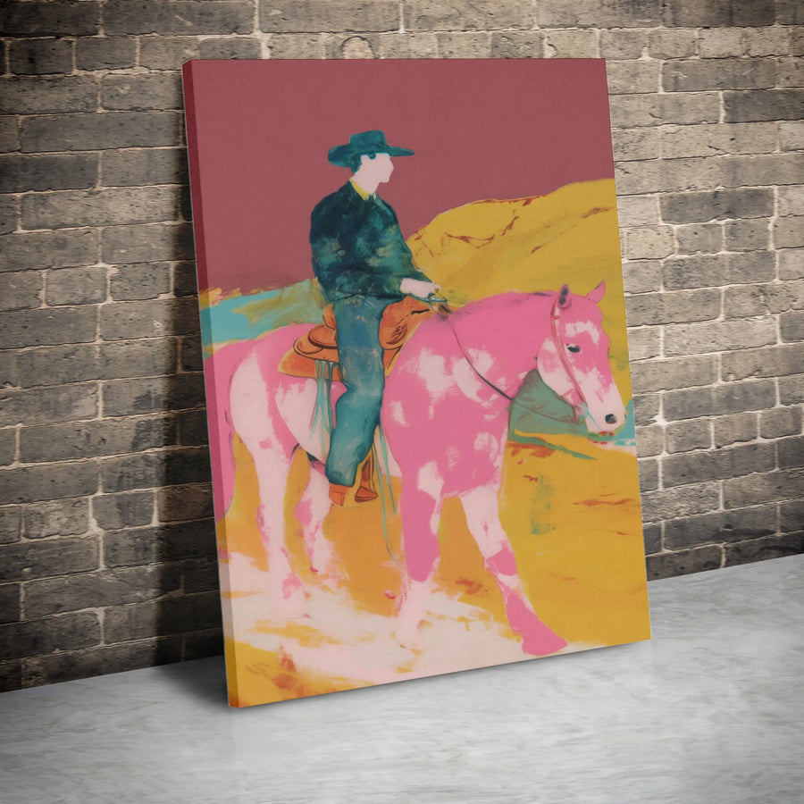 Abstract Cowboy Vertical Canvas | Pop Art Pink Horse Painting | Premium Gallery Wrapped Canvas | Modern Western Decor Gift for Art Lover