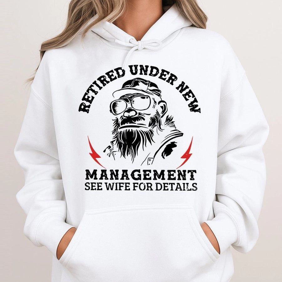 Retired Under New Management Hoodie | Funny Monkey Retirement Graphic | Premium Cotton Blend Unisex Sweatshirt | Perfect Retirement Gift For Dad