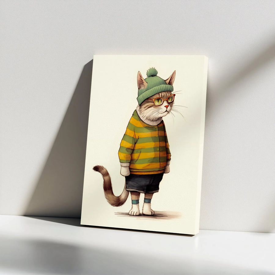 Hipster Cat Vertical Canvas | Illustrated Kitty in Beanie & Glasses Art | Premium Gallery Wrap Print | Modern Nursery Decor Gift for Cat Lover