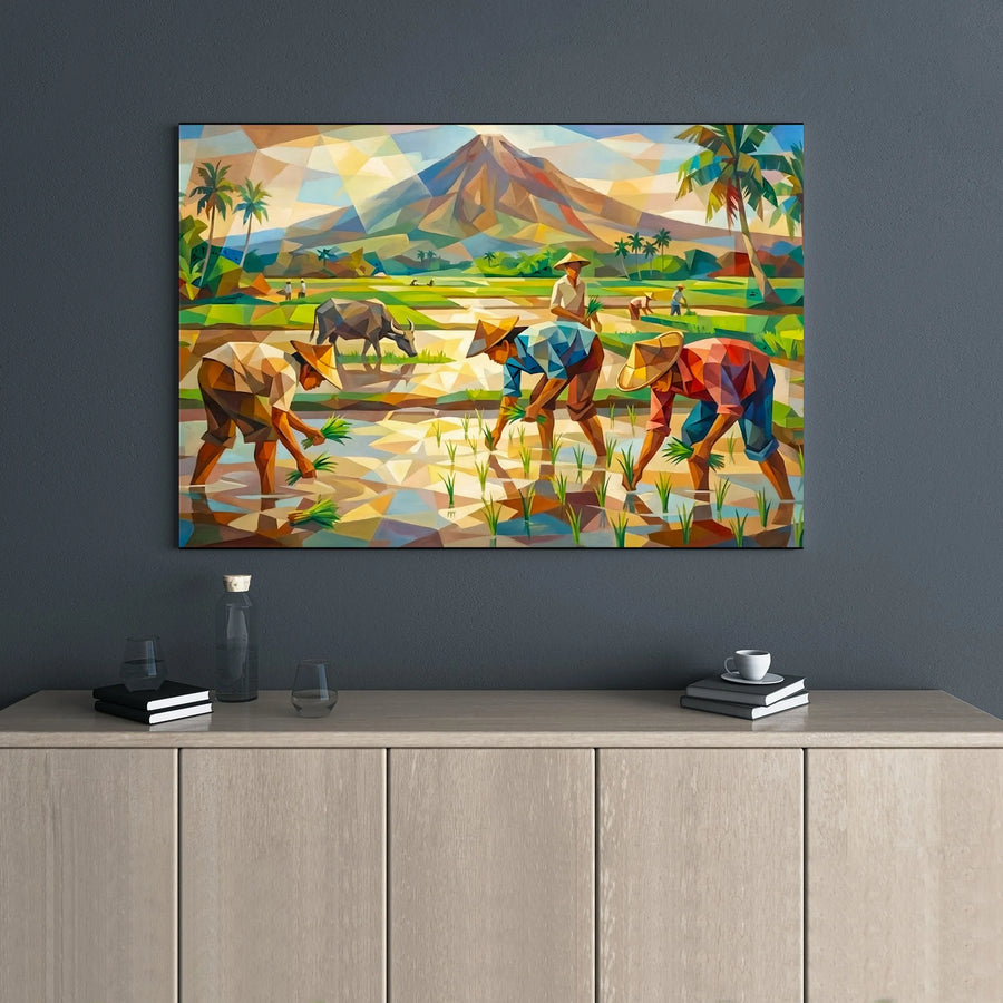 Filipino Rice Farmers Canvas Print | Geometric Mayon Volcano Landscape | Premium Gallery Wrap Wall Art | Cultural Heritage Home Decor Gift