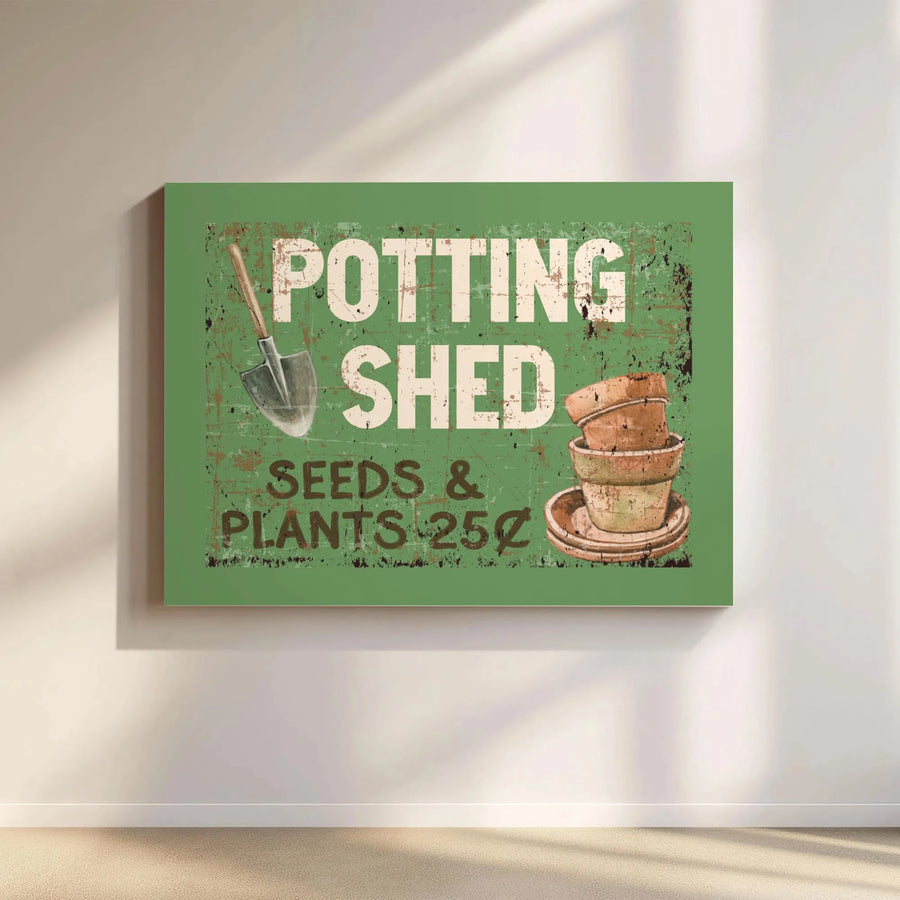 Potting Shed Wall Art | Vintage Garden Sign with Trowel and Pots | Premium Gallery Wrapped Canvas | Rustic Farmhouse Decor for Gardener Gift