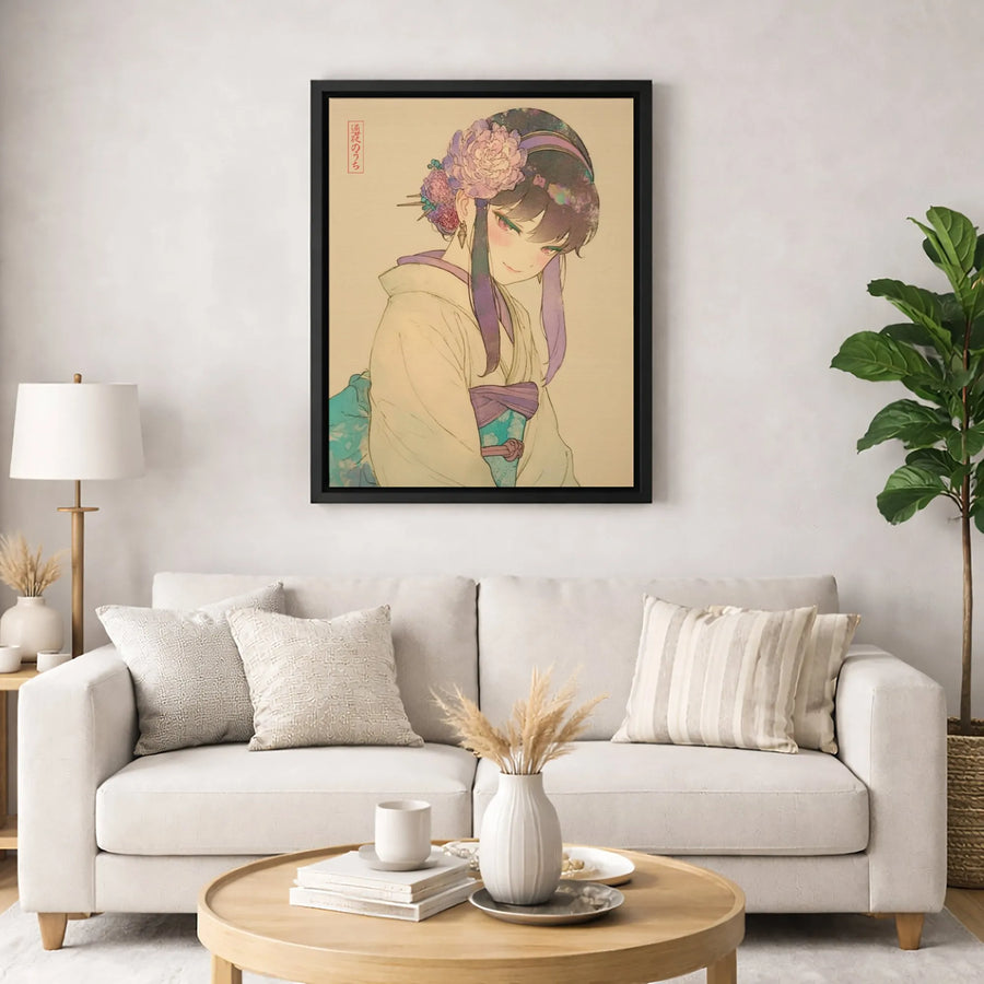 Anime Girl Canvas Print | Floral Kimono Illustration | 1.25-Inch Premium Gallery Wrap | Japanese Aesthetic Wall Art Decor Gift