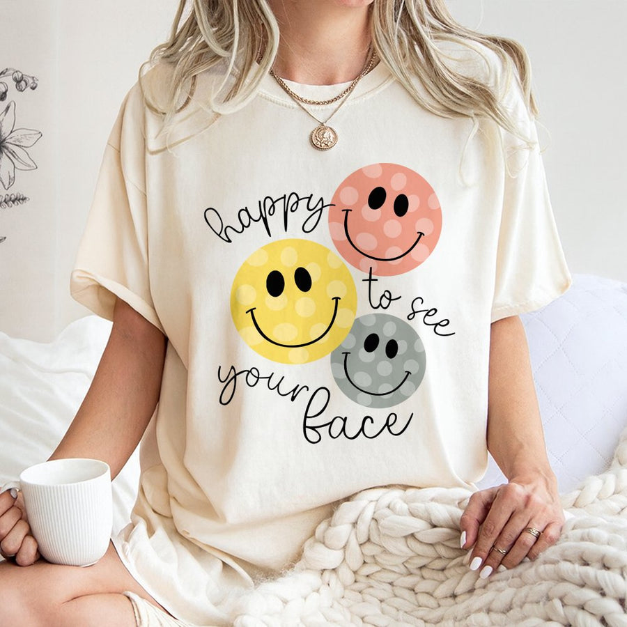 Happy To See Your Face T-Shirt | Retro Smiley Teacher Apparel | 100% Cotton Premium Tee | Back To School Gift For Educators