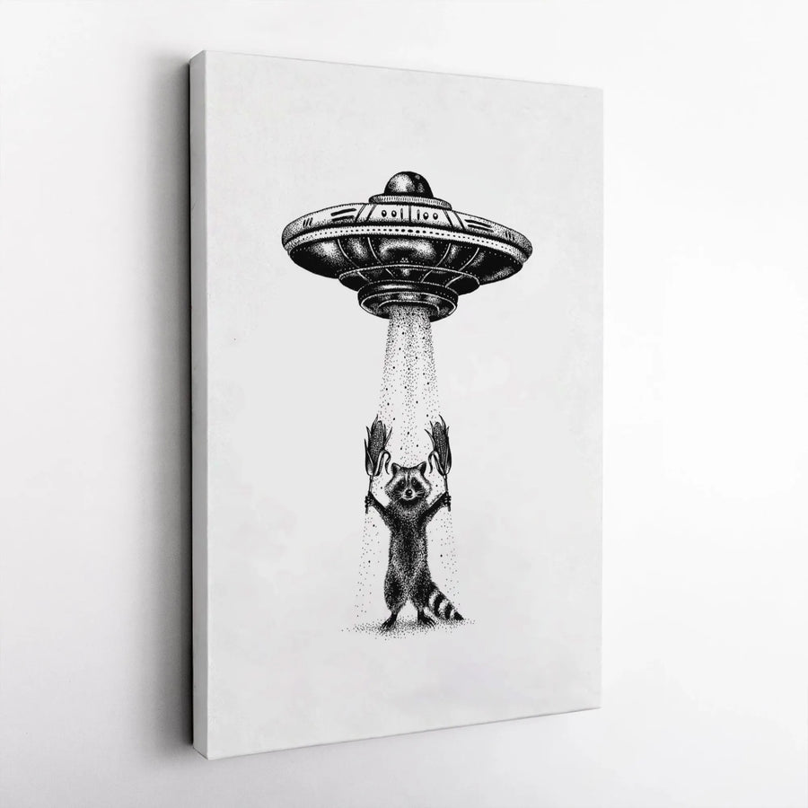 Raccoon UFO Canvas Print | Whimsical Alien Abduction Art | Gallery Wrapped Premium Wall Decor | Quirky Gift for Raccoon Lovers