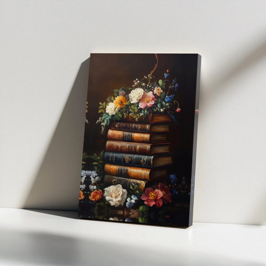 Vintage Book Stack Canvas Art | Floral Still Life Painting Print | Premium Gallery Wrapped Decor | Literary Aesthetic Wall Art Gift for Book Lovers