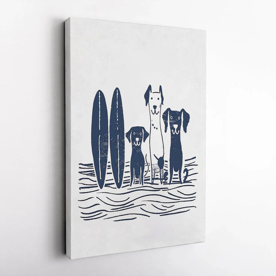 Surfing Dogs Canvas Wall Art | Minimalist Linocut Style Dog Print | Premium Gallery Wrap | Coastal Home Decor Gift for Dog Lover