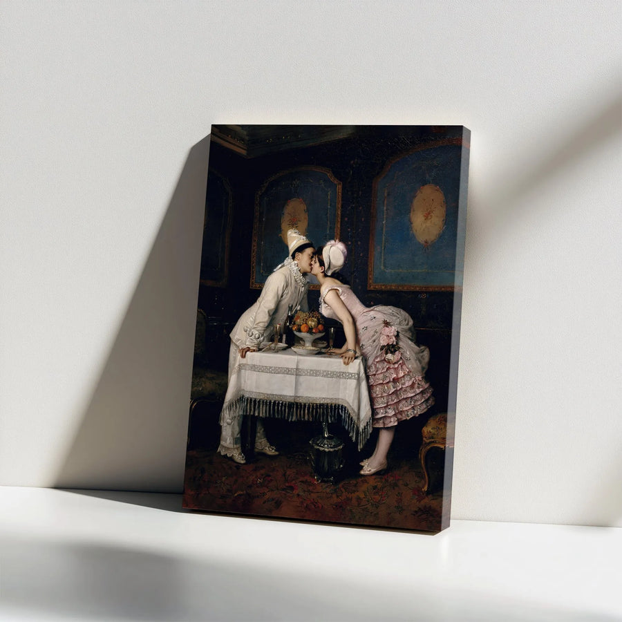 The Kiss Pierrot and Columbine Canvas Art | Romantic Vintage Oil Painting Reproduction | Premium Gallery Wrap Wall Decor | Anniversary Gift for Couples