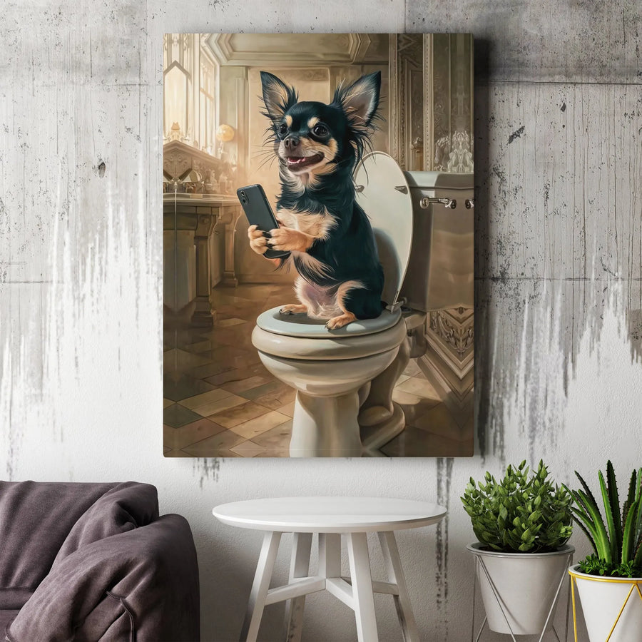 Chihuahua On Toilet Canvas Print | Funny Dog With Smartphone Wall Art | Premium Gallery Wrapped Decor | Unique Bathroom Art Gift