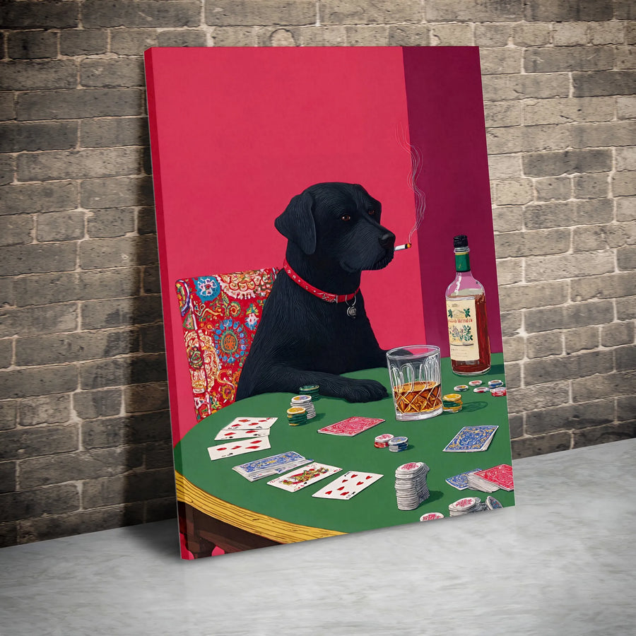 Black Lab Playing Poker Vertical Canvas | Funny Smoking Dog with Whiskey | Premium High-Resolution Wall Art | Man Cave Decor Collector's Gift for Poker Player