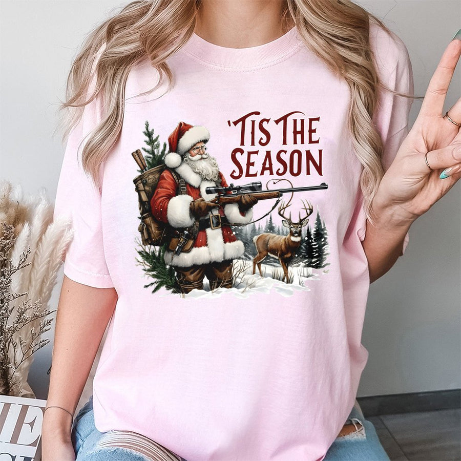 Tis The Season Santa Hunting T-Shirt | Funny Christmas Deer Hunter Graphic | Premium 100% Cotton Tee | Holiday Gift for Men and Women