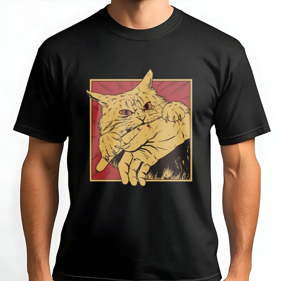 Cat Bite Graphic T-Shirt | Retro Horror Illustration | Premium Cotton Unisex Tee | Funny Gift for Cat Lovers