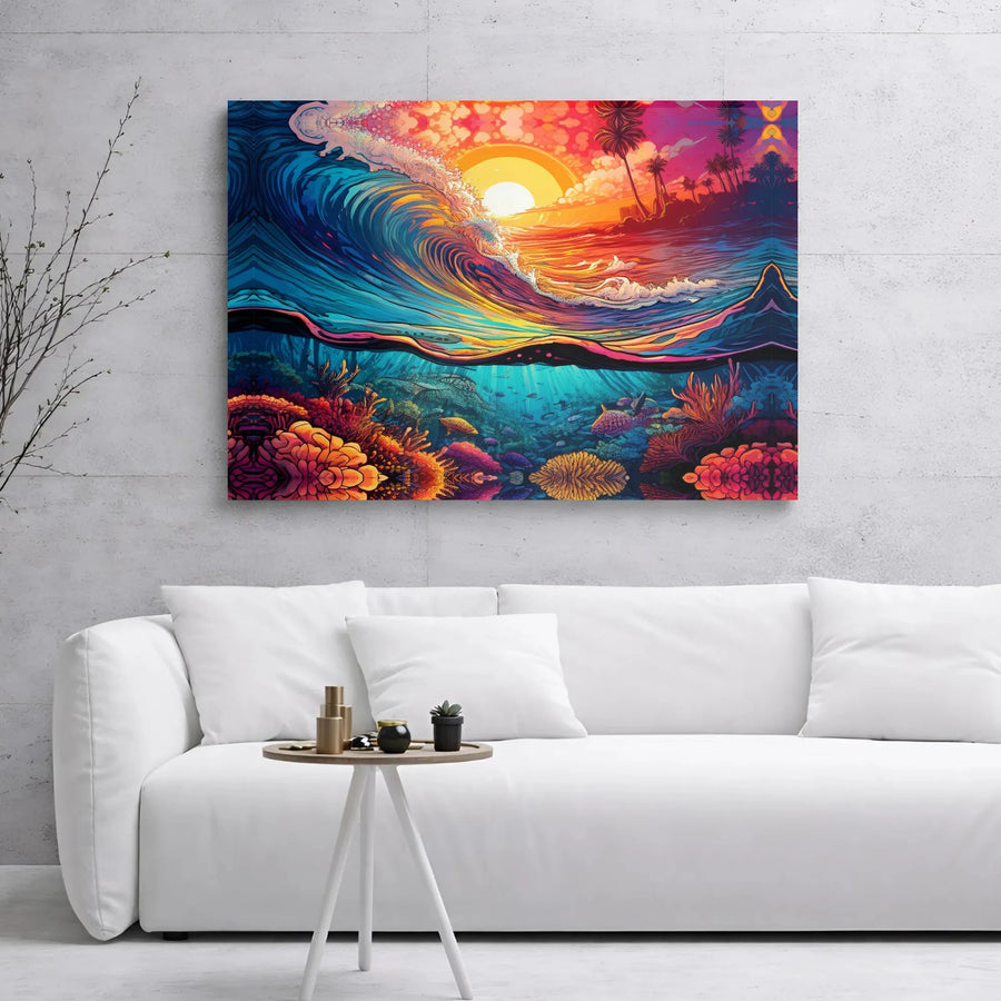 Ocean Sunset Wall Art Canvas | Vibrant Coral Reef Split View | 1.25 Inch Gallery Wrap | Coastal Home Decor Gift for Beach Lovers