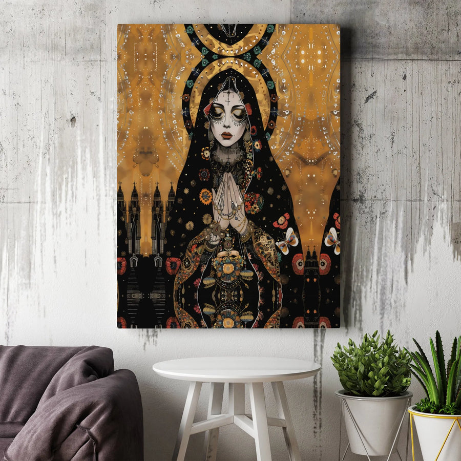 Santa Muerte Canvas Wall Art | Gothic Day Of The Dead Cathedral Decor | Premium Gallery Wrapped Print | Spiritual Home Office Gift