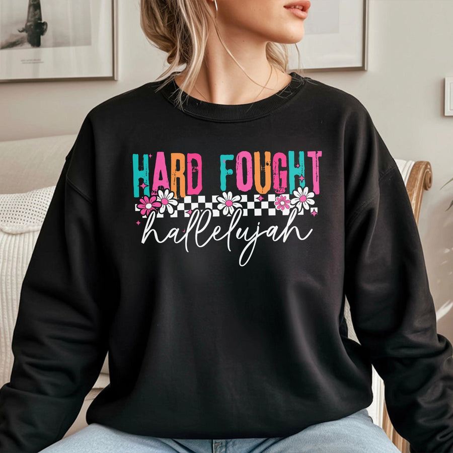 Hard Fought Hallelujah Sweatshirt | Retro Floral Checkerboard Christian Design | Premium Cotton Blend Crewneck | Religious Faith Gift for Women
