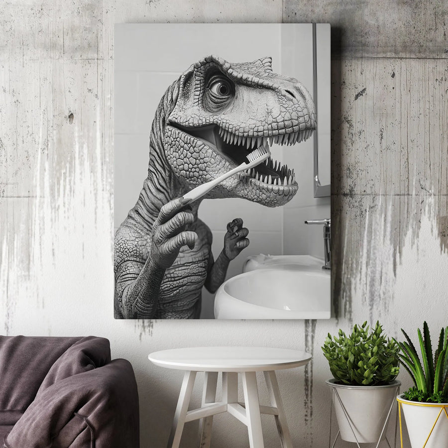 T-Rex Brushing Teeth Canvas Art | Funny Dinosaur Bathroom Wall Decor | Premium Fade-Resistant Gallery Wrap | Whimsical Home Gift