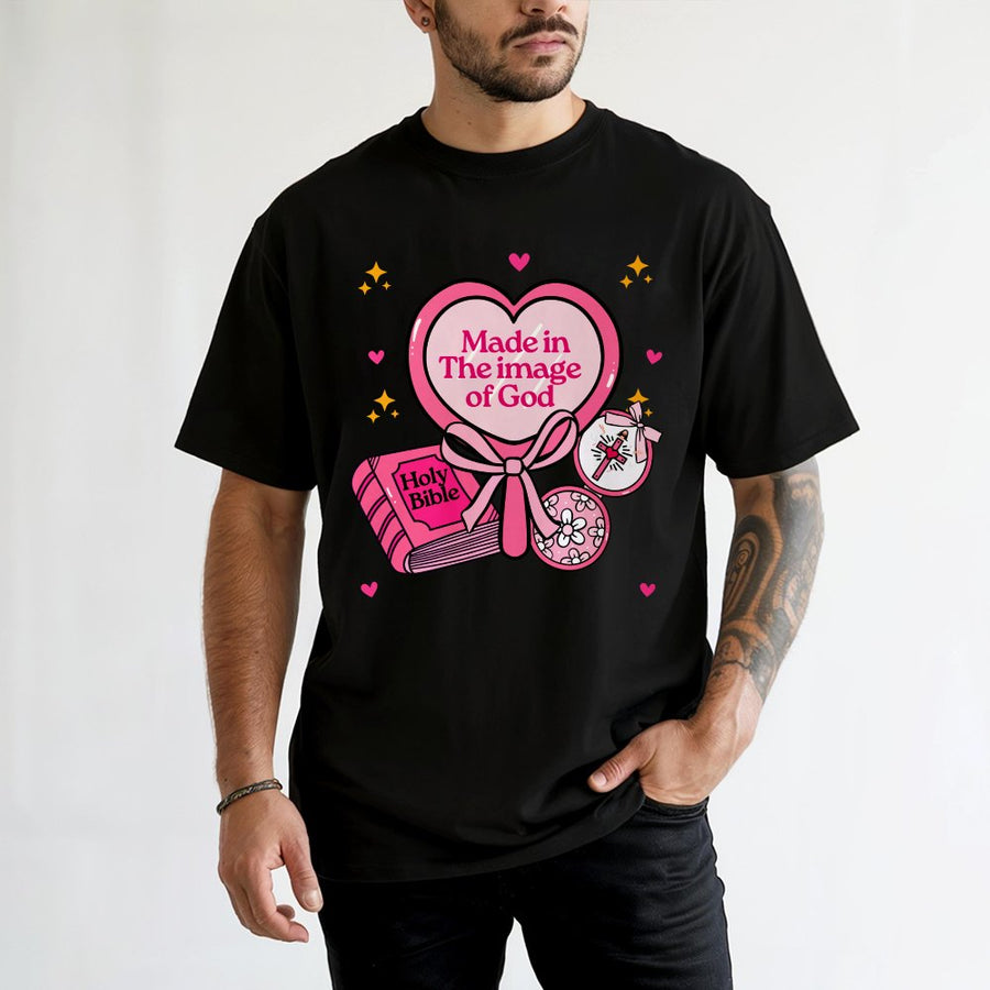 Made In The Image Of God T-Shirt | Christian Aesthetic Heart Graphic | 100% Premium Cotton Tee | Religious Faith Gift For Women
