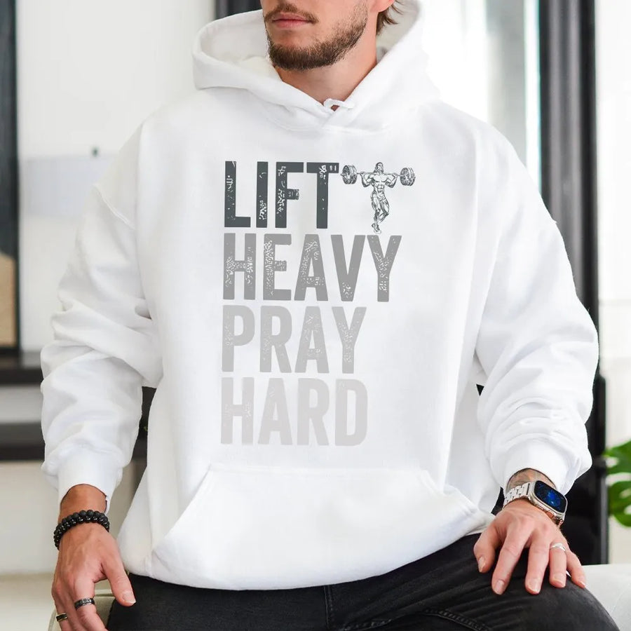 Lift Heavy Pray Hard Hoodie | Christian Faith Weightlifting Graphic | Premium Cotton | Gym Motivation Gift for Men & Bodybuilders