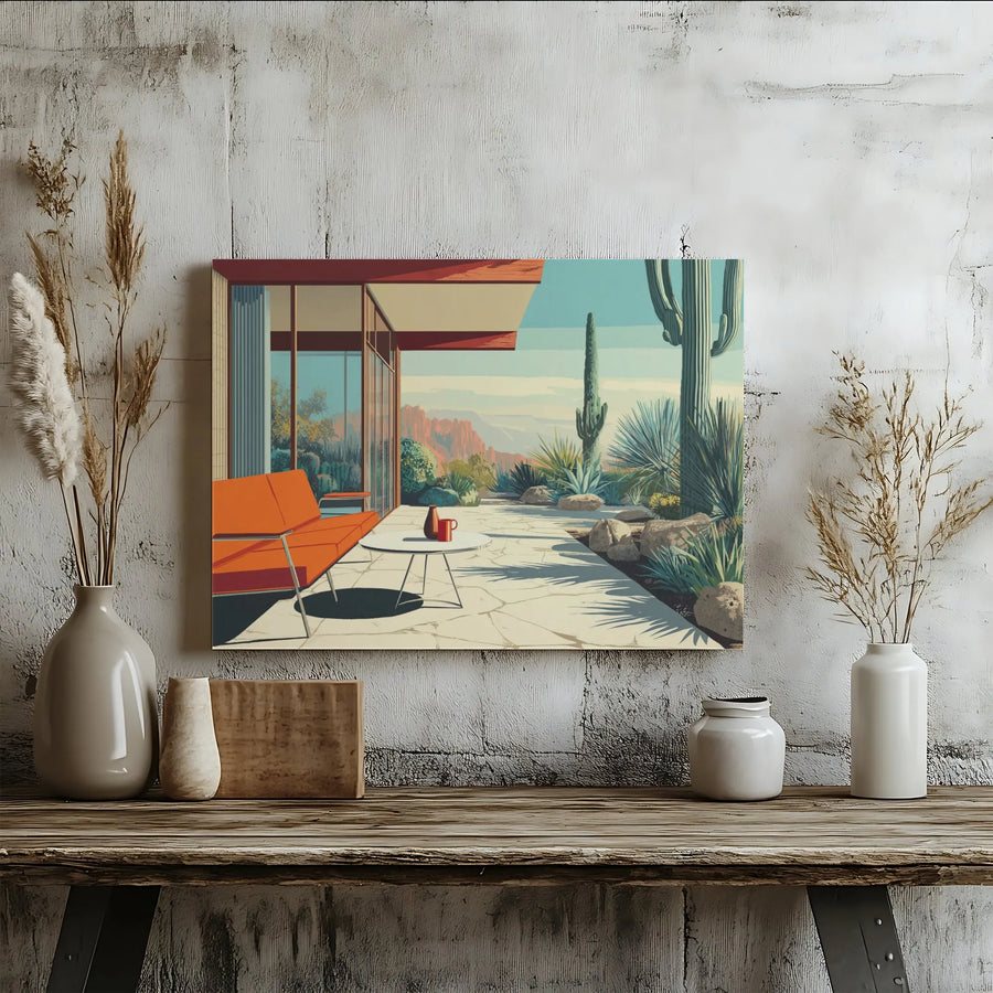 Mid-Century Modern Desert Canvas Art | Orange Sofa Saguaro Cactus Print | 1.25-Inch Gallery Wrap | Southwestern Home Decor for Living Room