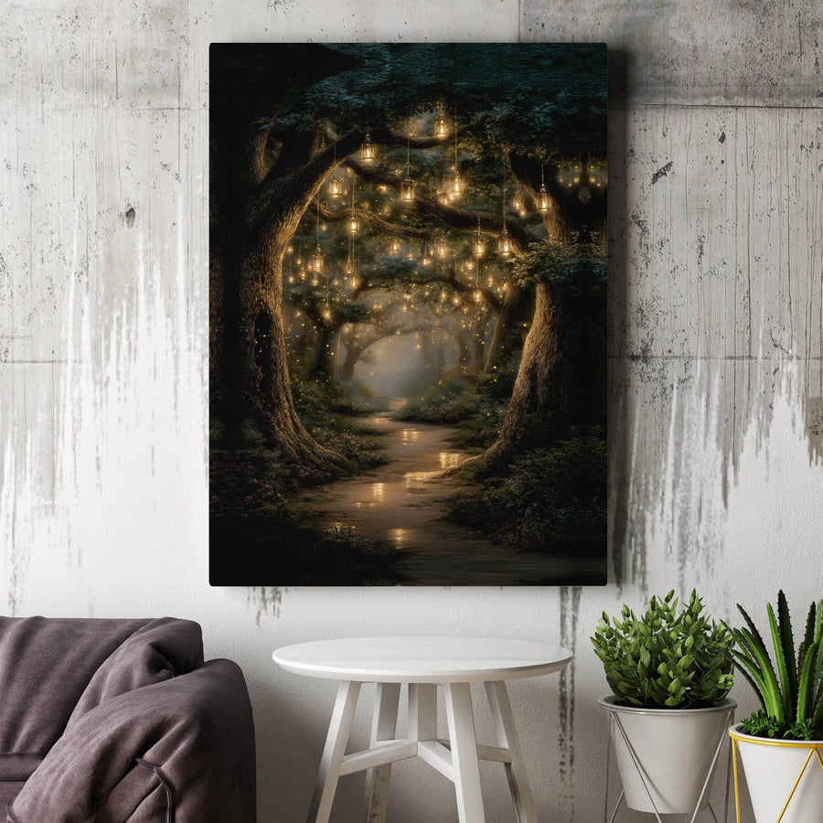 Enchanted Forest Canvas Wall Art | Whimsical Fairy Tale Path with Hanging Lanterns | Premium Gallery Wrapped Decor | Gift for Fantasy Lovers