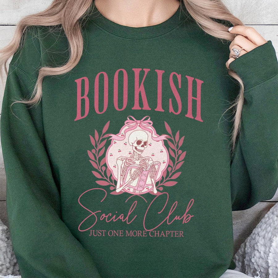 Bookish Social Club Sweatshirt | Skeleton Reading Design | Premium Cotton Blend | Aesthetic Coquette Reader Gift for Book Lovers