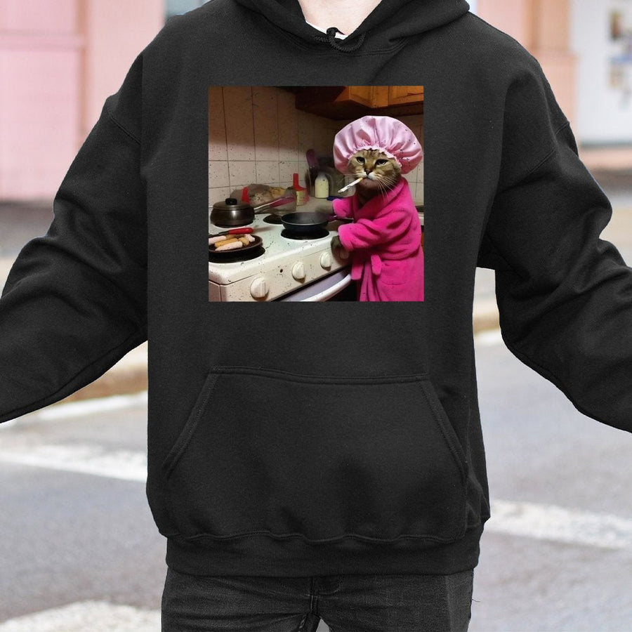 Cooking Cat Hoodie | Sassy Kitty In Pink Bathrobe Graphic | Premium Cotton Blend | Funny Animal Gift For Cat Lovers And Meme Fans