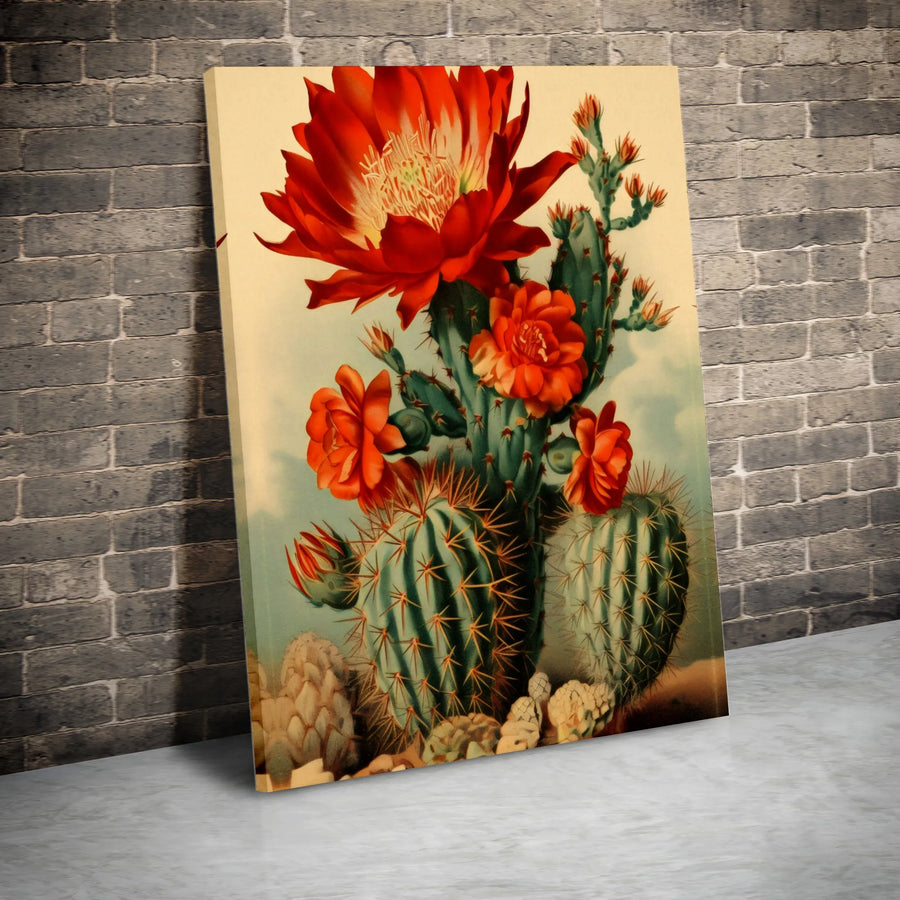 Blooming Cactus Wall Art | Vintage Red Flower Botanical Illustration | Premium Gallery Wrap Canvas | Southwest Desert Home Decor Gift