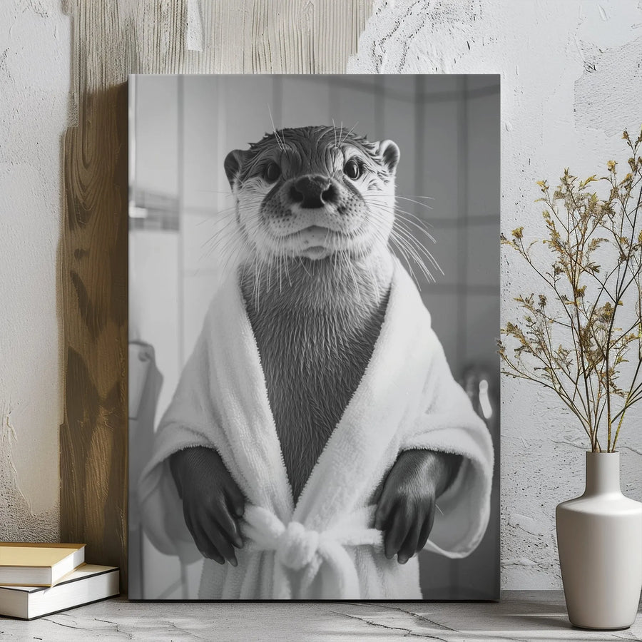 Funny Otter In Bathrobe Canvas | Whimsical Animal Bathroom Wall Art | Premium Gallery Wrap Print | Unique Gift For Animal Lovers