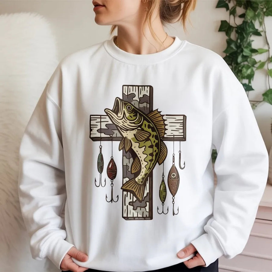 Fishing Cross Sweatshirt | Bass Fish Rustic Wood Design with Lures | Premium Cotton Blend Crewneck | Christian Fisherman Gift for Men Women