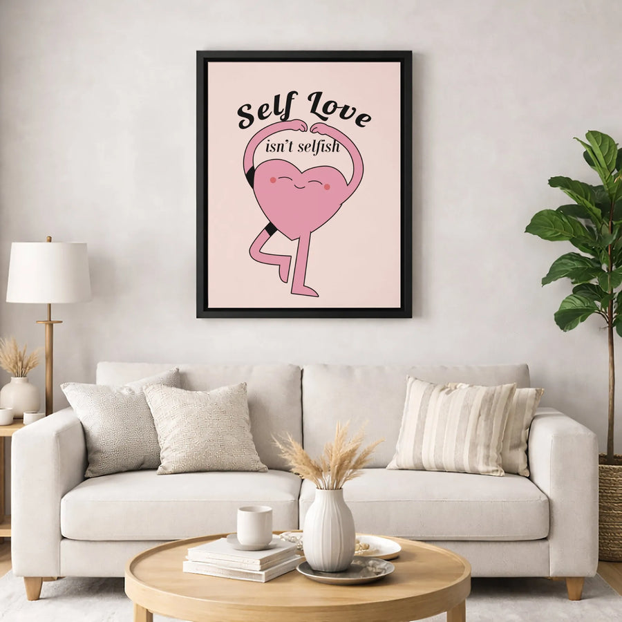 Self Love Isn't Selfish Wall Art | Yoga Heart Character Print | Premium Gallery Wrap Canvas | Mental Health Decor & Inspirational Gift