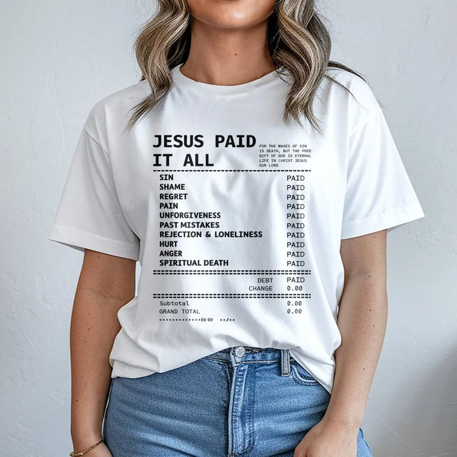 Jesus Paid It All T-Shirt | Christian Receipt Graphic Design | Premium Cotton Faith Apparel | Inspirational Religious Gift for Men and Women