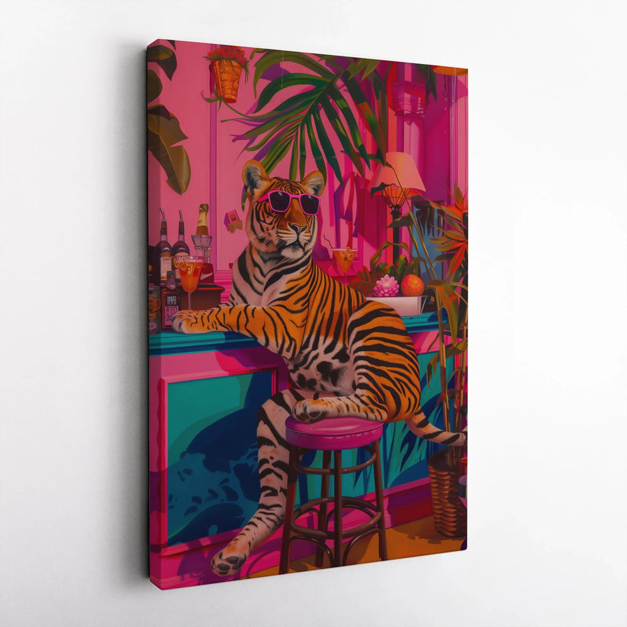 Tropical Tiger Wall Art | Funky Animal With Sunglasses Bar Decor | Premium Fade-Resistant Canvas | Bold Pop Art Gift For Home Office