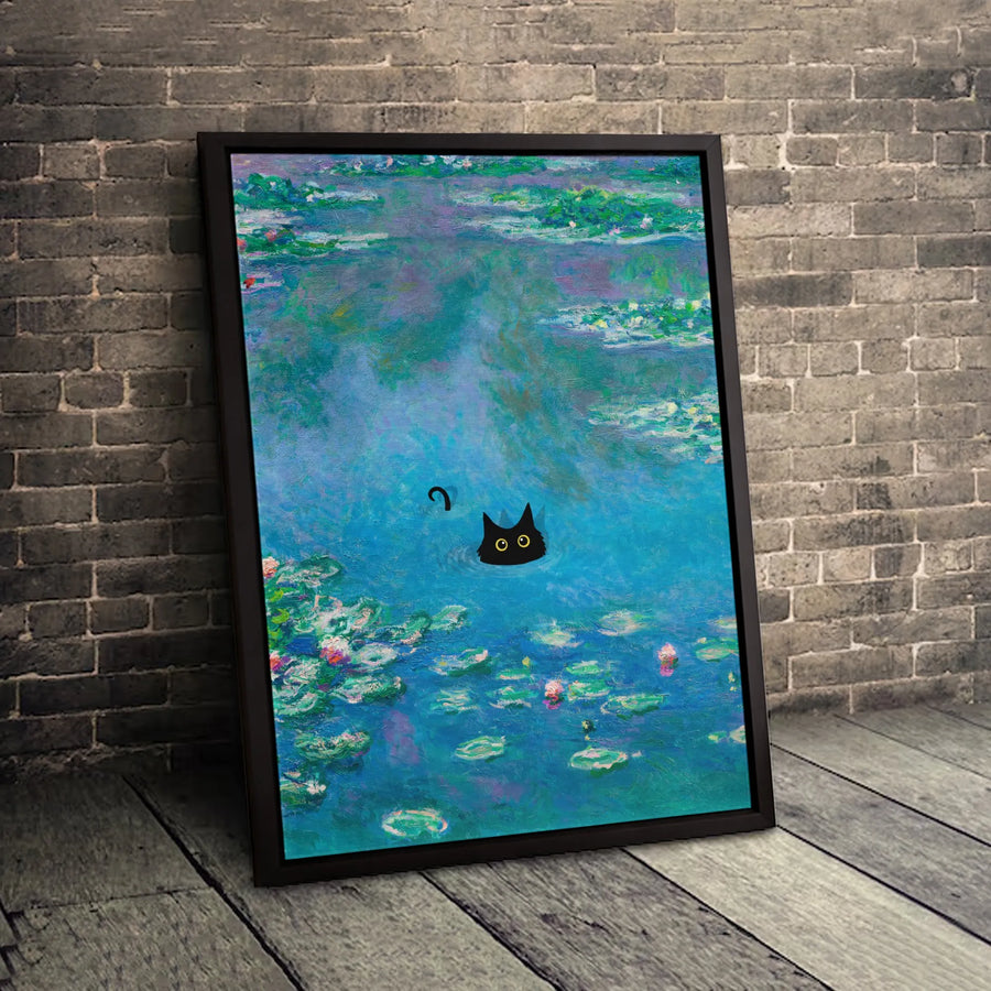 Black Cat Wall Art | Impressionist Water Lilies Pond Painting | Premium Gallery-Wrap Canvas Print | Unique Gift for Cat Lovers & Art Enthusiasts