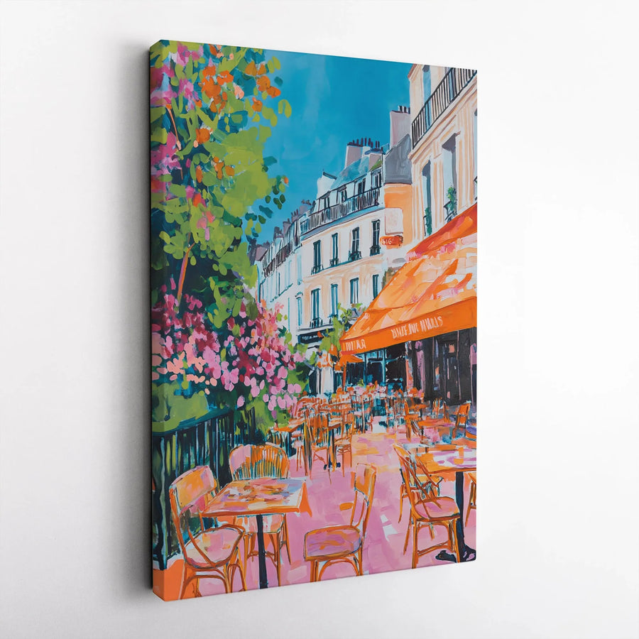 Parisian Cafe Canvas Art | Colorful Street Scene with Flowers | Premium Gallery Wrap Wall Decor | Romantic French Travel Gift for Home