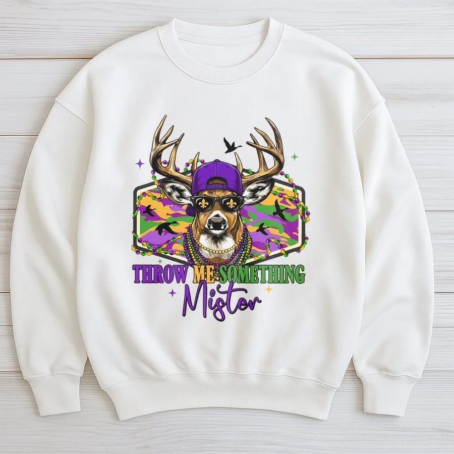 Mardi Gras Deer Sweatshirt | Throw Me Something Mister Graphic | Premium Cotton Blend | New Orleans Parade Gift For Hunters