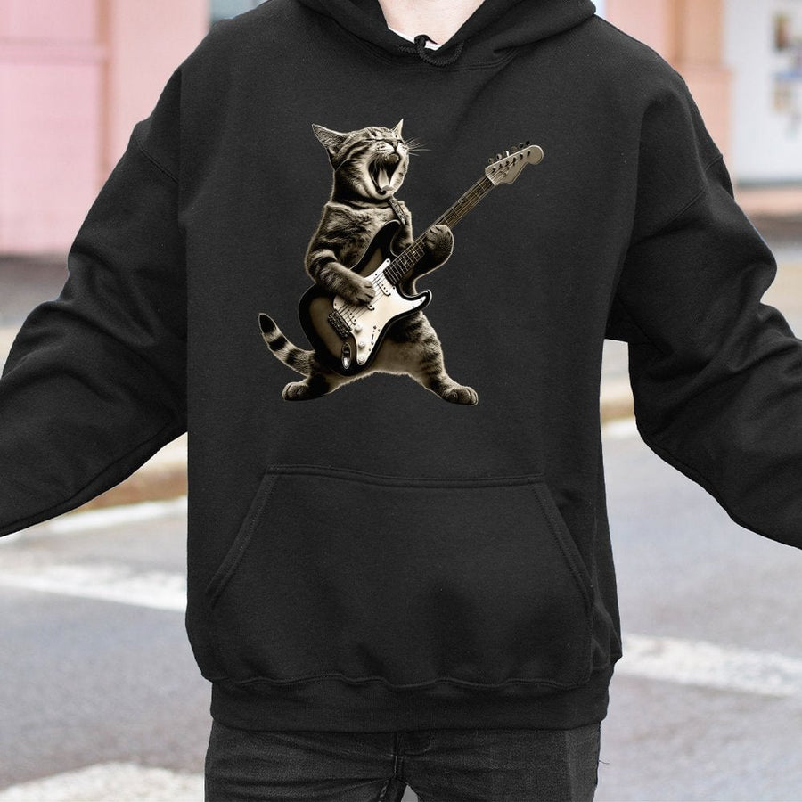 Rock Cat Playing Guitar Hoodie | Funny Music Animal Graphic Design | Premium Cotton-Blend Comfort | Gift For Cat Lovers & Musicians