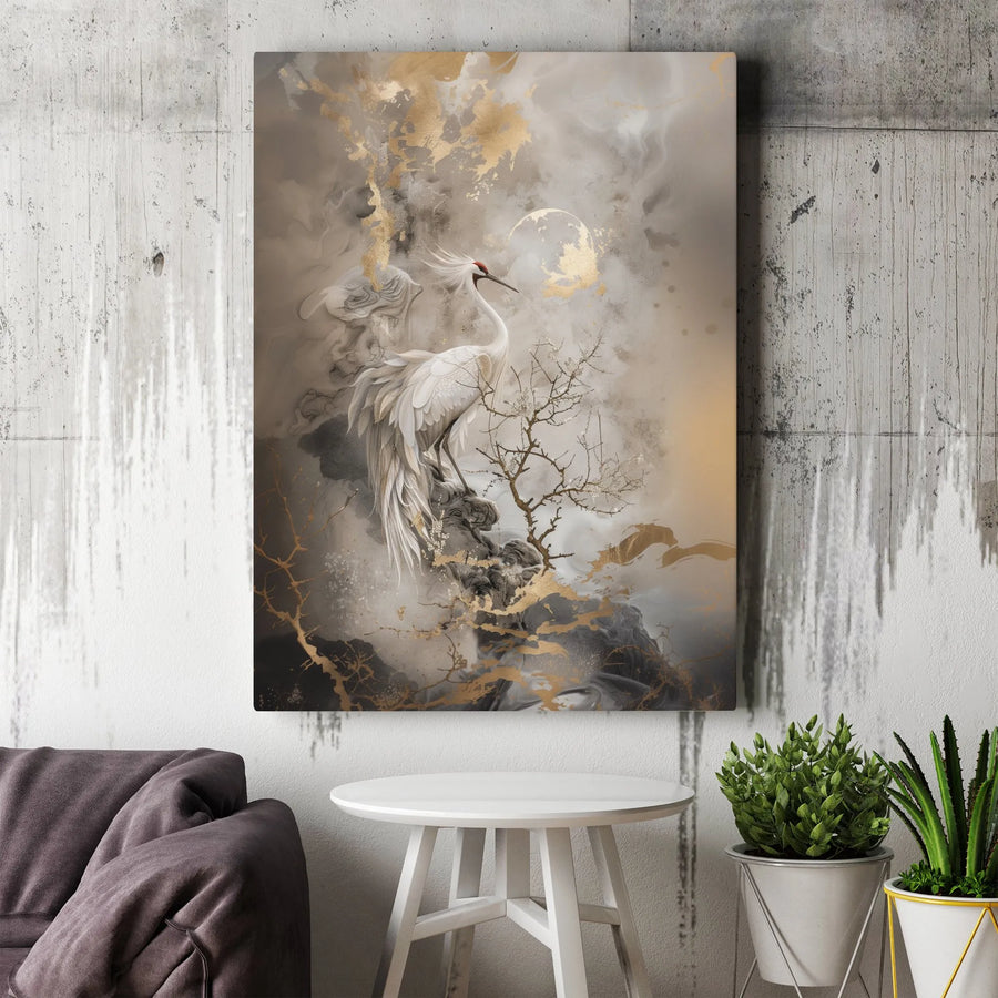 White Crane Canvas Art | Gold Moon Japanese Ink Wash Painting | Premium Gallery Wrap Wall Decor | Elegant Minimalist Home Gift