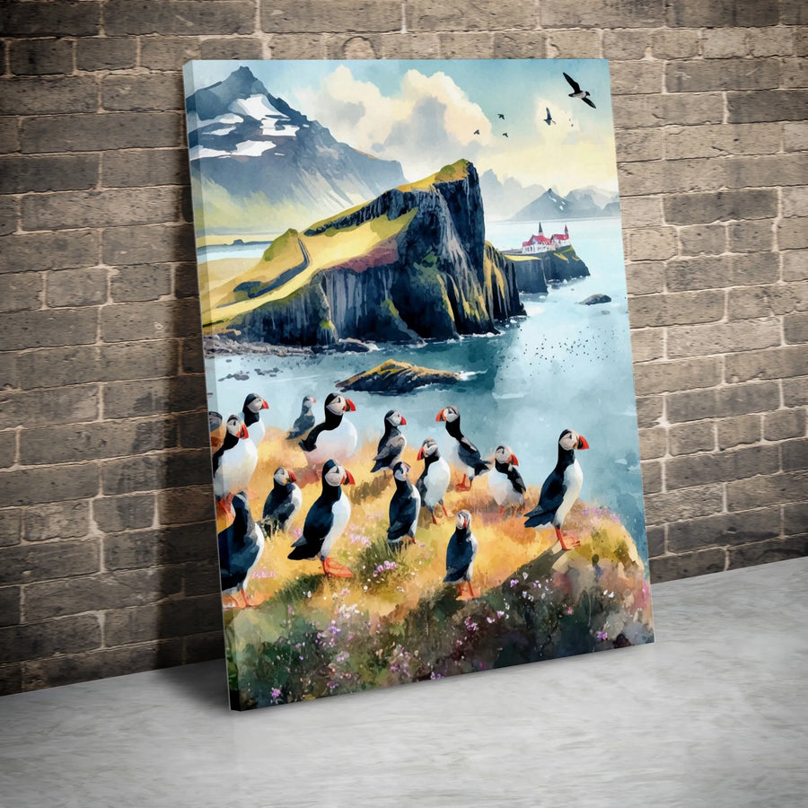 Puffin Wall Art Canvas | Coastal Cliff Landscape Painting | Premium Gallery Wrap Print | Bird Lover Nature Home Decor