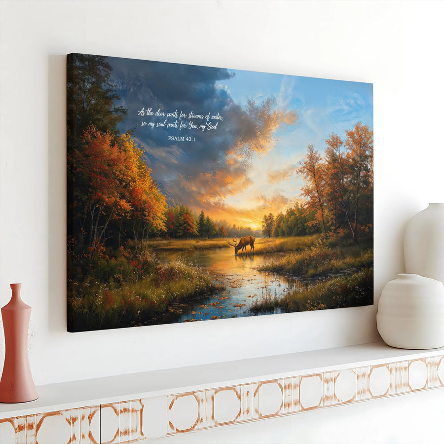 Psalm 42:1 Canvas Wall Art | Deer Drinking at Sunset Landscape | Premium Gallery Wrap Print | Christian Religious Home Decor Gift