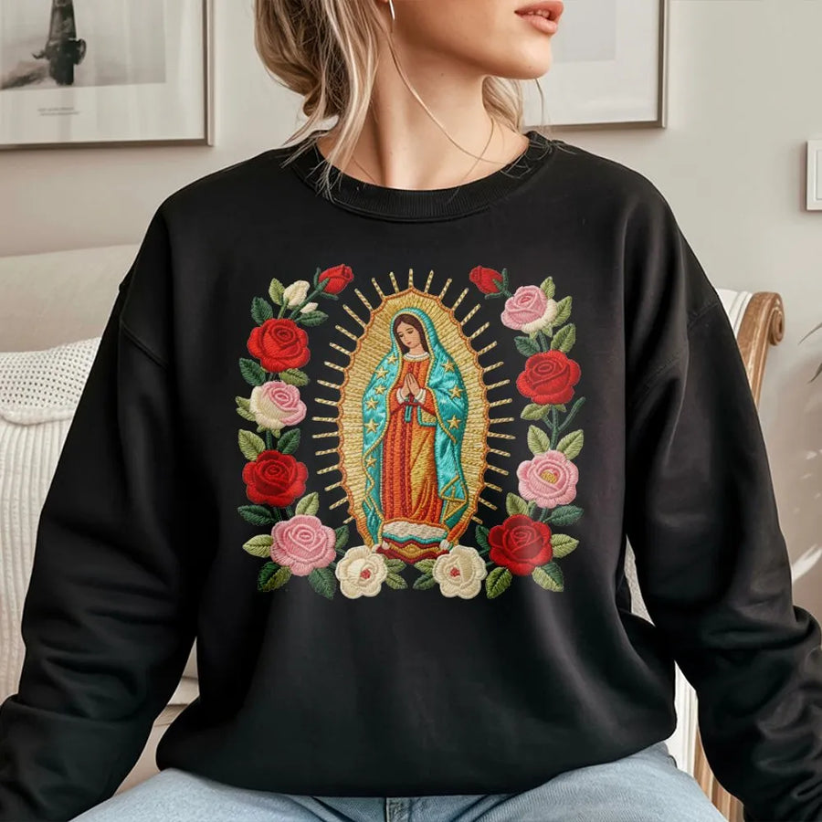 Our Lady Of Guadalupe Sweatshirt | Floral Virgen De Guadalupe Print | Premium Unisex Religious Crewneck | Catholic Faith Gift For Her