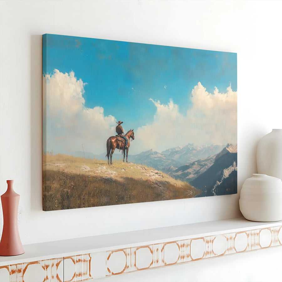 Western Cowboy Canvas Print | Horse Rider Mountain Landscape Art | 1.25 Inch Gallery Wrap | Premium Gift for Nature & Rustic Home Decor